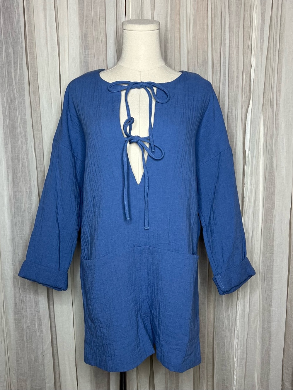 ZARA Tie Front Long Sleeve Blue Romper - Picture 2 of 6